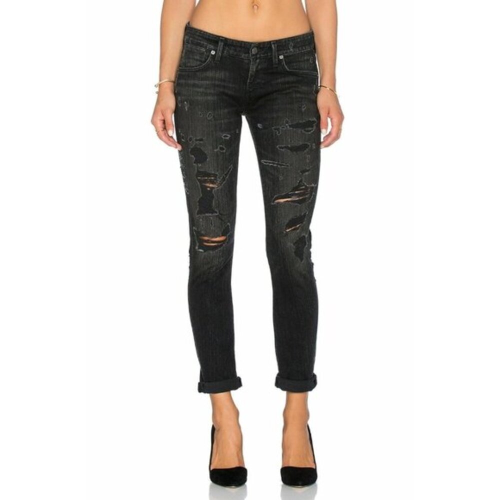 Agolde Jeans Chloe Low Rise Slim Liverpool Black Denim Distressed SZ 24 NWT